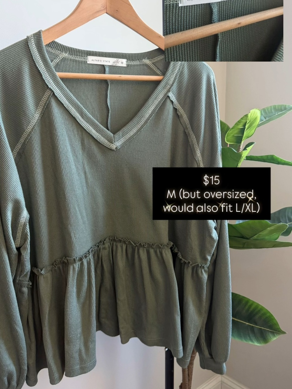 Altar'd State Olive Green Waffle-Knit V-Neck Ruffle-Peplum Top